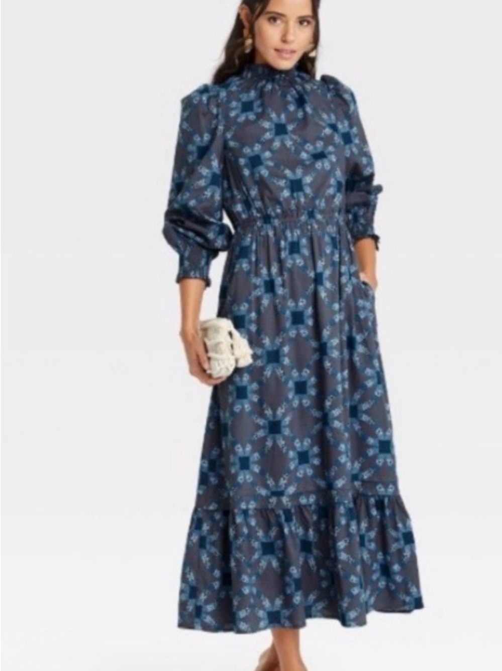 Universal Thread Long Sleeve Maxi Dress Peasant Size Large Blue Floral